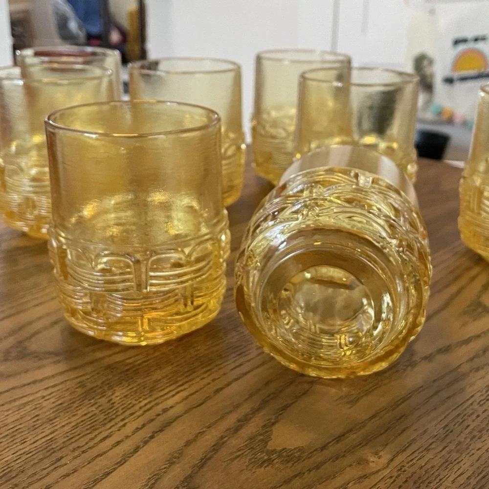 Vintage LE Smith Glass Amber Yellow Wicker Basket Set of 8 Old Fashioned Glasses